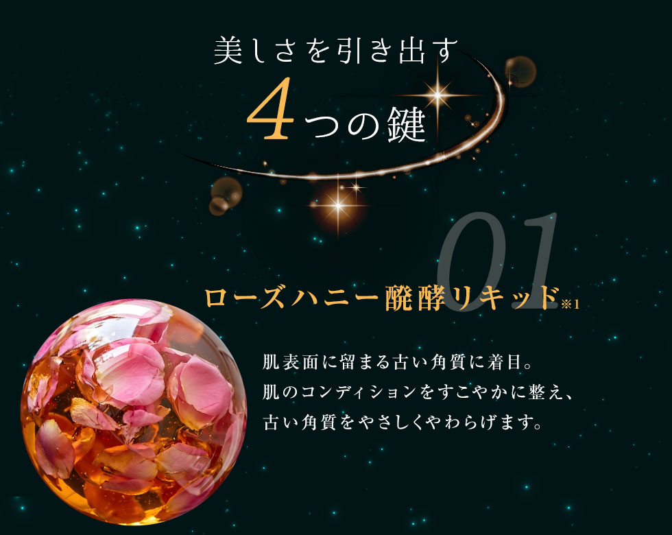 美しさを引き出す4つの鍵/01 ローズハニー醗酵リキッド 肌表面に留まる古い角質に着目。肌のコンディションをすこやかに整え、古い角質をやさしくやわらげます。